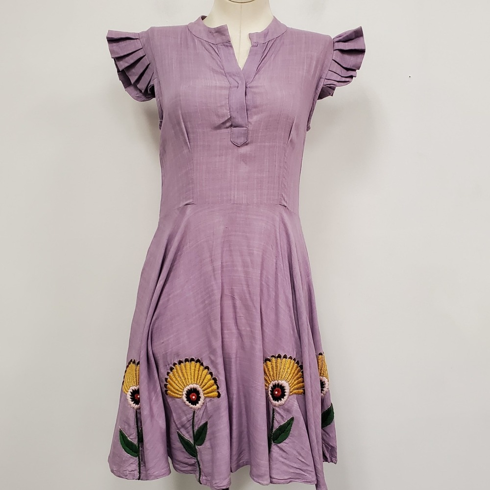 Zindagi‎ Womens Evleena Embroidered Flutter Sleeve Dress Size XS/S Purple Flower